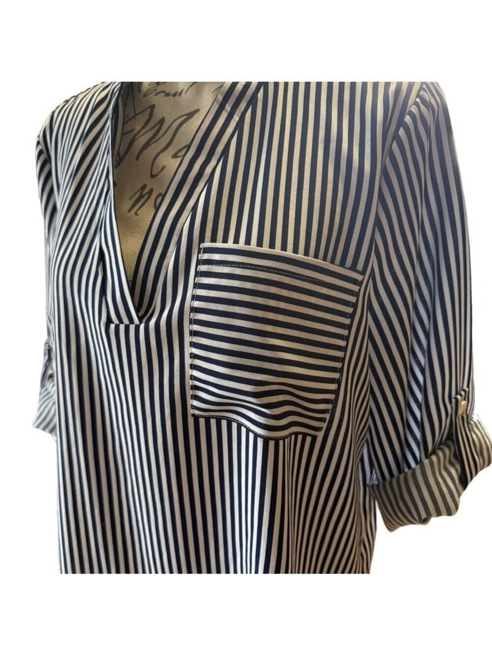 SHEIN👚 Striped Blouse Duo/Set — Navy🤍 & Rust🖤 — Size M Workwear Tops✨ - Picture 4 of 13